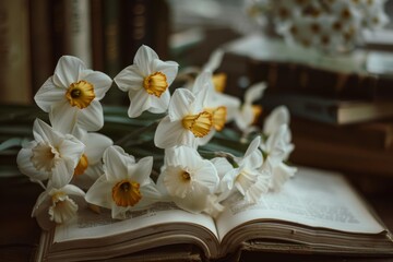 Poster - White daffodils with yellow centers are lying on an open book on a wooden table in a library
