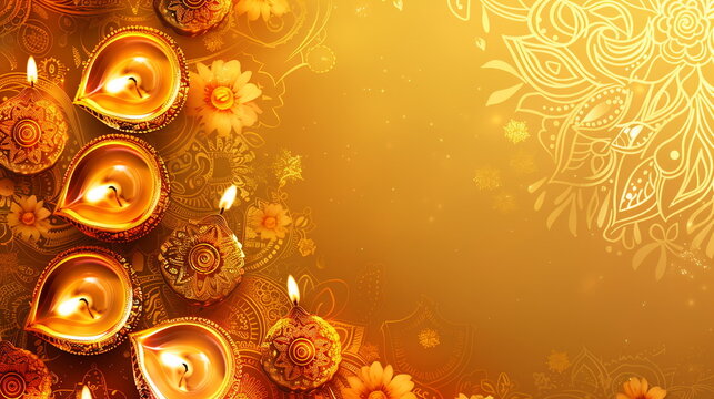Traditional Diwali design with a warm golden yellow background, adorned with intricate paisley patterns, glowing diya lamps, and a border of festive floral motifs. Oriental festival of lights. Ramadan