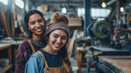 Two women collaborating and smiling in a workshop setting