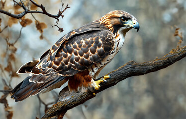 Red-tailed Hawk bird sitting on the branch of a tree