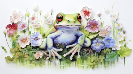 Wall Mural - Cute little frog sitting on flowers