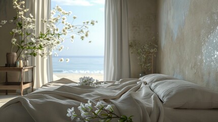 Poster - Serene coastal bedroom with an inviting ambiance. Bright sunlight and open sea view. Calm and peaceful interior with flowers. Perfect for relaxation and inspiration. AI