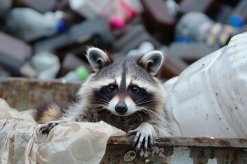 cute raccoon in garbage animal concept