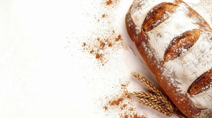 Aufkleber - A freshly baked loaf of bread made with wheat flour rests on a white surface, dusted with flour. Two golden wheat stalks are placed nearby. Generative AI
