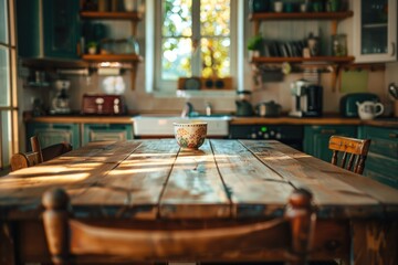 Wall Mural - Kitchen Table Background. Interior Design with Wooden Table in Home Kitchen Room