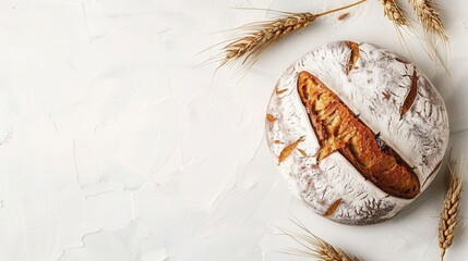 Poster - A freshly baked loaf of wheat bread sits on a white background, with wheat stalks on either side. Generative AI