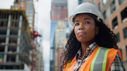 Wall Mural - confident female construction worker hard hat and safety vest urban building site backdrop empowered expression diverse workforce representation