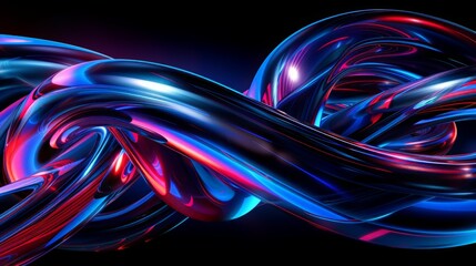 3d rendering of glossy material creating intertwined shapes with vibrant blue and pink lighting