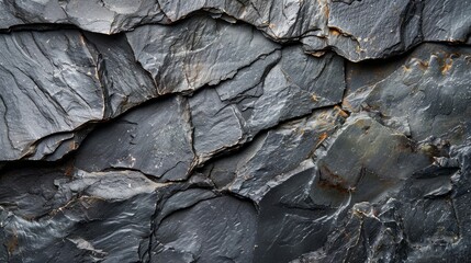 Wall Mural - Detailed view of the rough, dark gray slate rock texture, showing intricate patterns and rugged surface