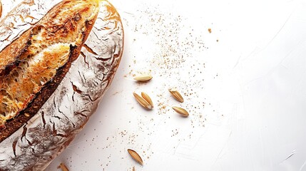 Poster - A freshly baked loaf of bread made with wheat flour rests on a white background, with scattered grains and flour dust surrounding it. Generative AI
