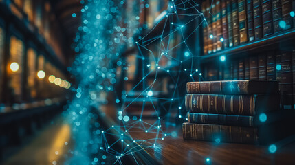 Poster - A library with books stacked on a table. The books are illuminated by a blue light, creating a sense of depth and dimension. The scene evokes a feeling of curiosity and intellectual exploration