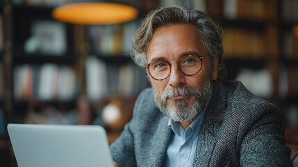 Wall Mural - A man with glasses is sitting at a table with a laptop in front of him. He is focused on his work or browsing the internet