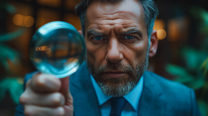 Wall Mural - A man with a beard and glasses holding a magnifying glass. He looks serious and focused. Concept of curiosity and investigation