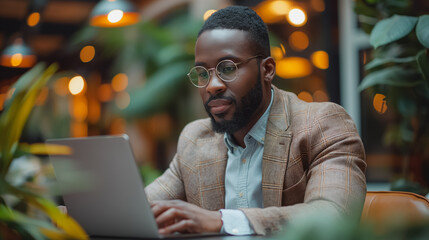 Poster - a man wearing glasses is sitting at a table with a laptop in front of him. he is focused on his work