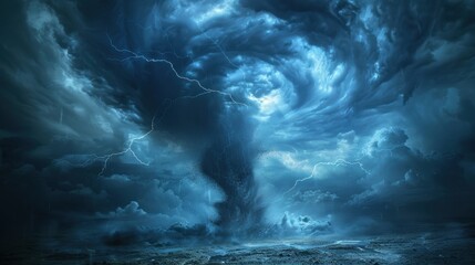 giant dramatic tornado forming over stormy sky.