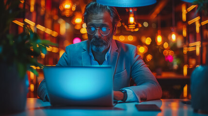 Wall Mural - A man is sitting at a table with a laptop in front of him. He is wearing glasses and a suit. The room is dimly lit, and there are several potted plants in the background