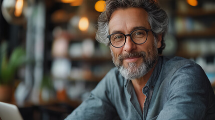 Poster - A man with glasses is smiling and sitting at a table. He is wearing a gray shirt and a black tie