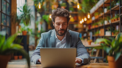 Poster - A man is sitting at a table with a laptop in front of him. He is wearing a gray jacket and a white shirt. The room has potted plants and a few books on the table. The man is focused on his work