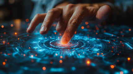 Poster - A hand is pointing at a glowing circle on a screen. The circle is surrounded by a lot of small dots, giving it a starburst effect. Concept of wonder and curiosity