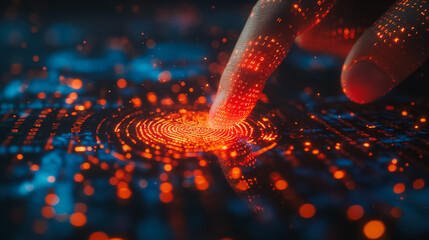Poster - A hand is pointing at a glowing circle on a screen. The circle is surrounded by a bright orange glow, and the hand is positioned above it. Concept of curiosity and wonder