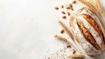 Poster - A freshly baked loaf of wheat bread sits on a white background with sprigs of wheat and almonds scattered around. Generative AI