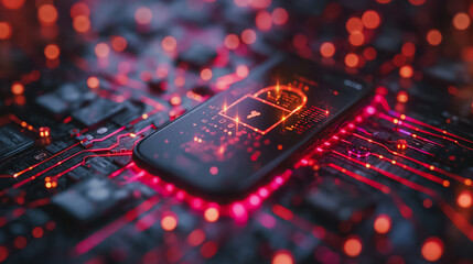 Poster - A cell phone with a red lock on it is displayed on a black background. Concept of security and protection