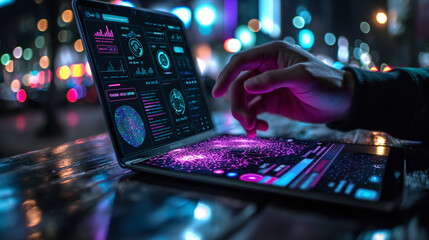 Poster - A person is using a laptop with a glowing screen that has a lot of numbers and graphs. The laptop is open to a page with a lot of data and information