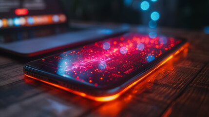 Poster - A phone with a red screen is on a wooden table. Concept of technology and modernity, as well as a feeling of excitement or anticipation