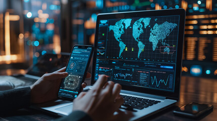 Poster - A person is using a laptop and a cell phone to view a map of the world. The laptop screen is filled with various data points and the cell phone is being used to navigate the map