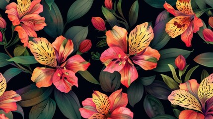 Wall Mural - A beautiful watercolor alstroemeria bouquet painted against a dark background, showcasing vibrant colors