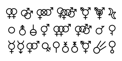  LGBT symbols for bisexual, bigender, intergender. LGBT gender signs set. Interlocking gender symbol. Transgender, Transfeminist symbols. Asexual, Androgyne signs. Pride Month, LGBTQ community.