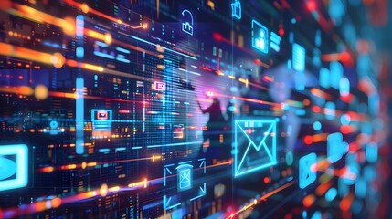 Fototapete - A vibrant digital workspace featuring various tools such as email, instant messaging, and video conferencing, illustrating seamless communication