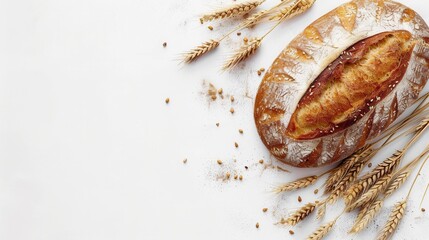 Poster - A freshly baked loaf of wheat bread sits on a white background, surrounded by golden wheat stalks. Generative AI