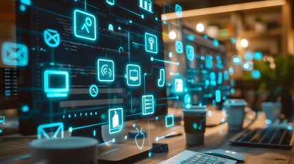 Fototapete - A vibrant digital workspace featuring various tools such as email, instant messaging, and video conferencing, illustrating seamless communication