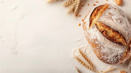 Aufkleber - A freshly baked loaf of bread, made with wheat flour, sits on a white background, surrounded by wheat stalks. Generative AI