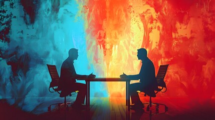 Poster - A digital mediation session where specific communication strategies are used to resolve disputes constructively, with visual elements of dialogue and negotiation