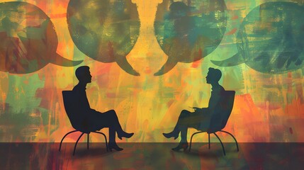 Poster - A digital mediation session where specific communication strategies are used to resolve disputes constructively, with visual elements of dialogue and negotiation
