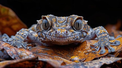 Sticker - Close Up Photo of a Gecko with Big Eyes and Orange and Gray Scales