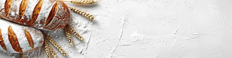 Poster - Freshly baked wheat bread loaf with wheat sprouts, on a white background. Generative AI