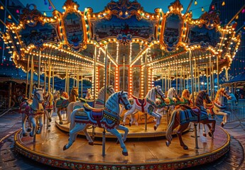 A vibrant carousel with ornate horses and bright lights