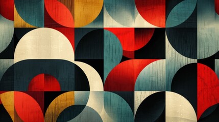 Wall Mural - Modern geometric pattern featuring red, white, blue, and yellow circles and semicircles