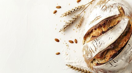 Poster - A freshly baked bread loaf made with wheat flour rests on a white background, surrounded by wheat stalks and flour. Generative AI