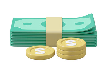 Canvas Print - 3D illustration of concept of wealth and financial abundance with bundle of banknotes and dollar coins isolated on transparent background.