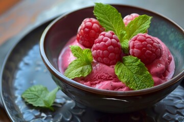 Wall Mural - Raspberry ice cream topped with fresh raspberries and mint leaves being served in a bowl on a plate