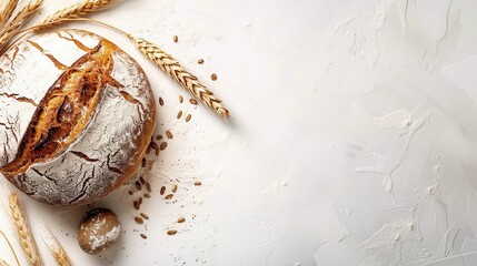 Poster - A freshly baked loaf of wheat bread rests on a white background, surrounded by wheat stalks and scattered kernels. Generative AI