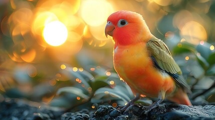 Poster - Orange and Green Parakeet Perched on a Rock with Bokeh Background - Photo