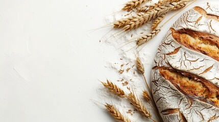 Poster - A freshly baked bread loaf, made with wheat flour, rests on a white background with sprigs of wheat scattered around. Generative AI