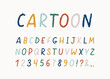 © AM_art - Cartoon colorful hand drawn English alphabet isolated on white background. Childish lettering script. Cute font. Numbers and letters calligraphy. Vector illustration