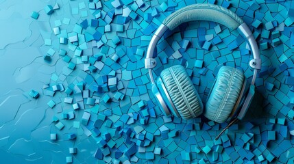 Poster - The blue headphones stand out against a vibrant mosaic background, creating a striking visual contrast