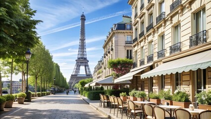 romantic Parisian street scene, with the Eiffel Tower in the background and cafes lining the sidewalk.